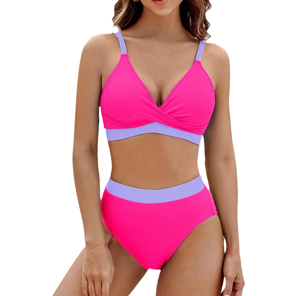 High Waist Sports Swimsuit Contrast Color Cross Sexy Swimsuit